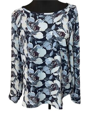 LOFT Navy/Light Blue Floral Long Sleeve Scoop Neck Blouse Top (M)